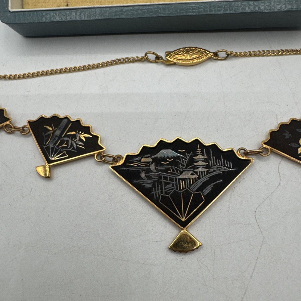 Vintage Japanese Amita Damascene Necklace & Earrings Set 24k Gold Inlay W/ Box - Picture 2 of 9